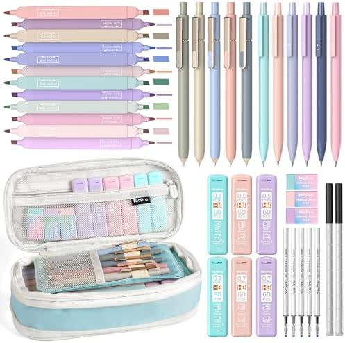 Nicpro School Supplies with Cute Pencil Case, 39 PCS Blue | Back to School Stationery Set, Essentials for College Nursing Student, 12 Pastel Highlighter, 6 Mechanical Pencil, 5 Gel Pen