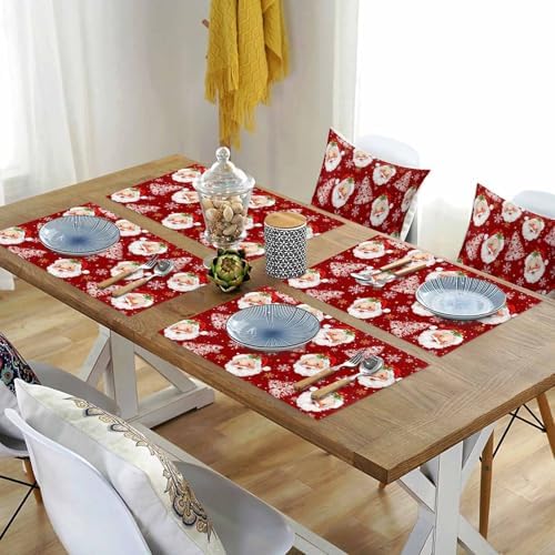 Red Christmas Placemats Set of 4, Santa Claus Merry Christmas Tree Heat Resistant Washable Table Place Mats Winter Snowflake Cotton Table Linens Party Holiday Decor for Kitchen Dining Outdoor Indoor