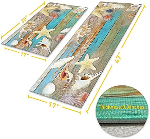 Beach and Nautical Kitchen Rugs for Floor 2 Piece Set, Wood Grain Ocean Coastal Beach Kitchen Rug, Nautical Kitchen Mat in Front of Sink for Standing for Kitchen Decor 17"X30"+17"X47"