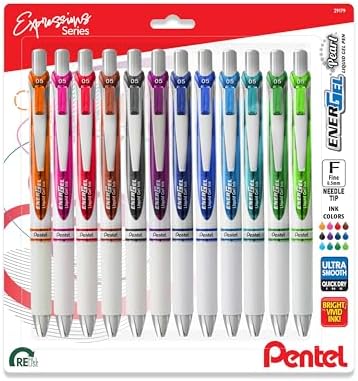 Pentel EnerGel RTX Pearl Liquid Gel Pen, (0.5mm) Needle Tip, Fine Line, Asstd. Ink, 12-Pk