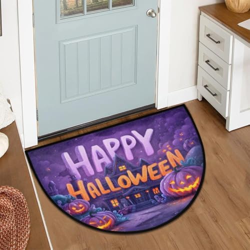 Halloween Castle Pumpkin Half Round Door Mat, Non-Slip Welcome Indoor Entrance Way Rug Semi Circle Front Doormats Washable Bathroom Kitchen Floor Mat, Outdoor Rugs for Garage, Patio, Hearth Rug