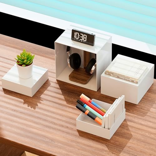 8” Buffet Risers with Mini Signs, Buffet Table Risers and Stands, Acrylic Cube Display Box for Catering Party Table Food Display, Dessert, Cakes - White, Set of 4 Boxes (4 Pack)