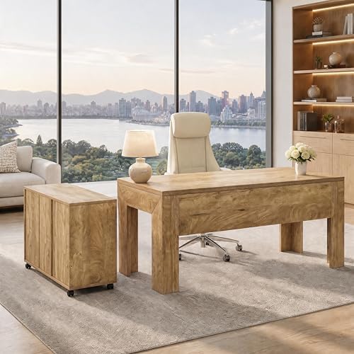 Tribesigns L Shaped Executive Office Desk with Drawers, Light Brown