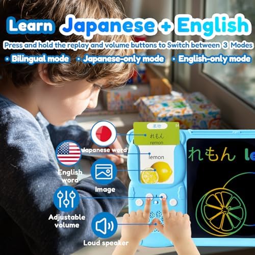 Writing Tablet with Bilingual Flash Cards for Kid, Japanese Blue