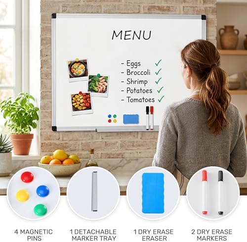 Simple Deluxe Magnetic Dry Erase Board 40" x 30" Whiteboard, 1 Dry Eraser & 2 Multicolor Markers & 4 Magnetic Pins, Silver Reinforced Aluminum Frame for Home, School, Office