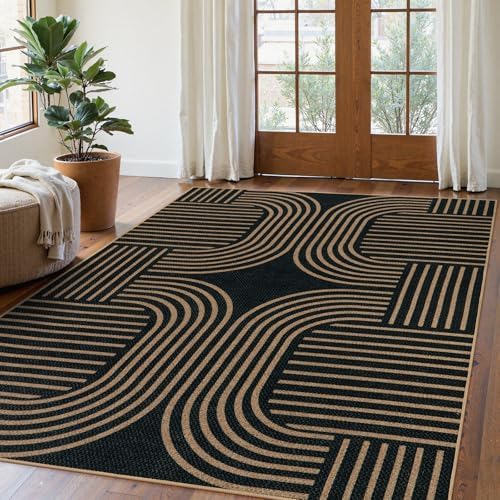 Lahome Modern Geometric 5x7 Outdoor Rug, Easy Jute Black Patio Rug