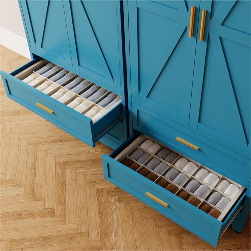 Washsemba 71'' Farmhouse Metal Wardrobe Cabinet with Hanging Rod, 2 Barn Door Wardrobe Closet with Adjustable Shelves,2 Drawer,for Dining Room,Bedroom,Living Room, Cloak Room,Office (Peacock Blue)