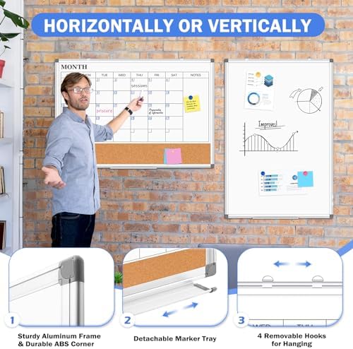 Dry Erase Calendar Whiteboard for Wall, 30" x 20" Monthly Cork White Board