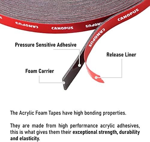 CANOPUS Double Sided Tape, 5952 Heavy Duty Mounting Tape, Strong Bond & Weatherproof Seal Strip for Automotive Mounting, Picture and Photo Frame, Poster, Craft, 0.25 in x 15 ft, Black, Made in USA