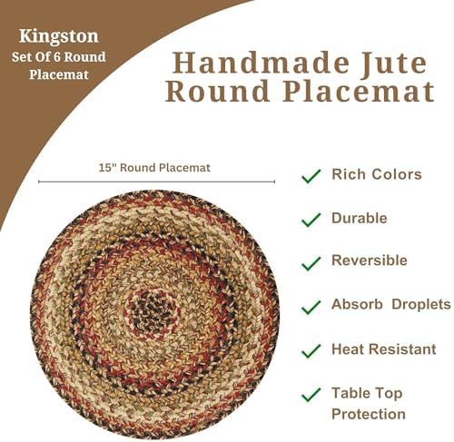 Homespice Kingston Braided Placemats for Country Decor, Round 15" Set of 6