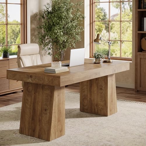 Tribesigns 55" Executive Desk, Wooden Office Desk with Double Pedestal, Modern Simple Computer Writing Table for Home Office, Light Brown