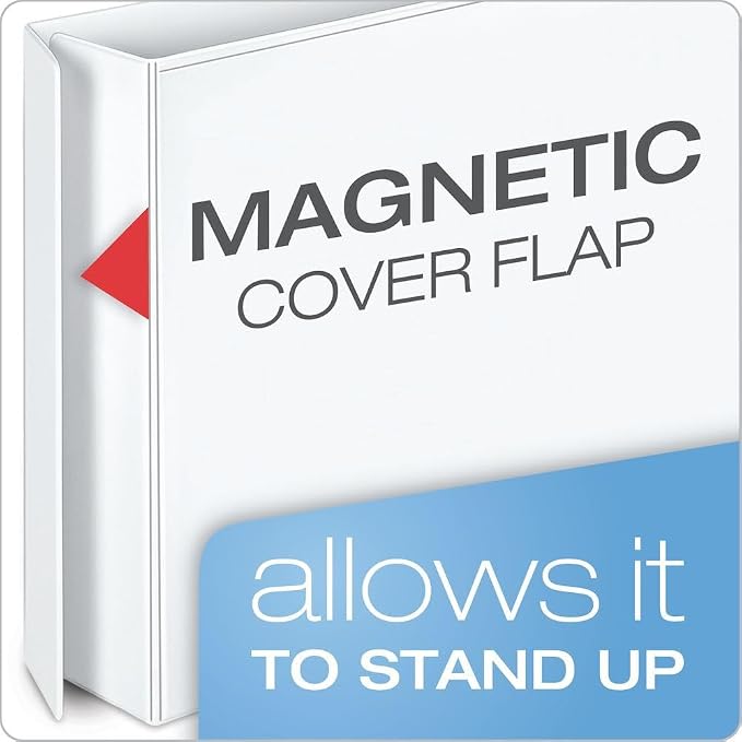 Cardinal 3 Ring Binder, 4 Inch FreeStand Binder with Magnetic Cover Flap, Shelf Pull and 5 Color-Coded Rings, ONE-TOUCH Easy Open Locking Slant-D Rings, Holds 880 Sheets, White