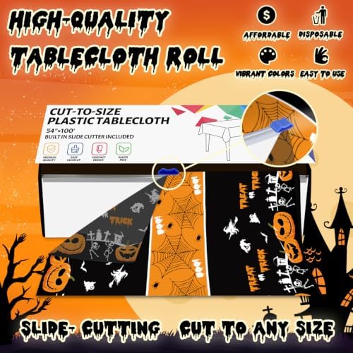 54 Inch X 100 Feet Plastic Table Cover Roll Disposable Halloween Tablecloth with Slide Cutter Pumpkin Ghost Plistic Table Covers for Halloween Party Decorations(Halloween Table Runner, 100Feet)