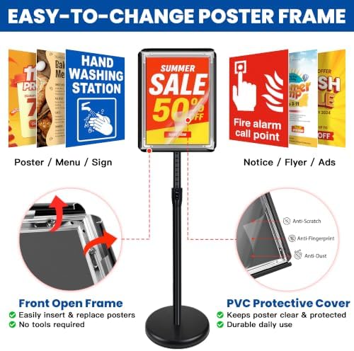 3 Pack 8.5x11 Inch Sign Holder Stand, Adjustable Pedestal Sign Stand, Heavy Duty Floor Standing Sign Holder, Aluminum Snap Open Frame Poster Stand, Vertical & Horizontal Display (Black)