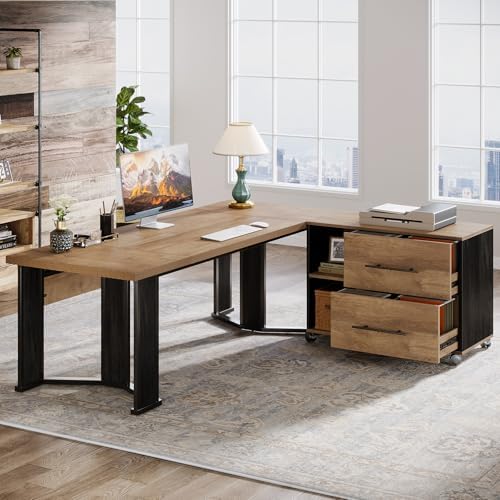 Tribesigns 70.86" Executive Desk with Mobile File Cabinet, Large L Shaped Computer Office Desk with 2 Drawers and Storage Shelves, Business Furniture Desk Workstation for Home Office (Light Brown)
