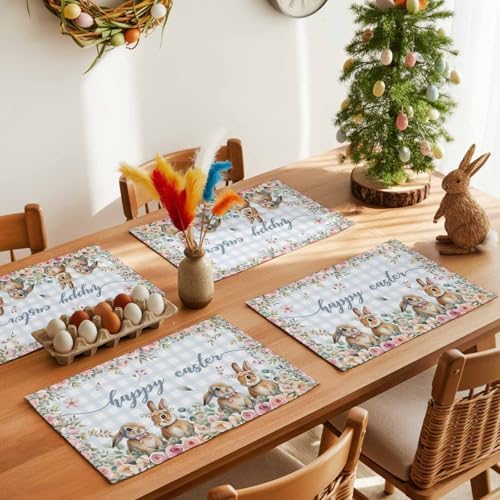 Rabbits Flowers Easter Placemats Set of 6, Eucalyptus Leaf Spring Heat Resistant Washable Dining Table Mats Grey White Buffalo Plaid Farmhouse Holiday Decor for Kitchen&Table Linens Outdoor Indoor