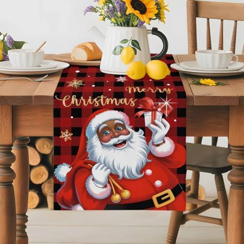 Black Santa Claus Table Runner Dresser Scarf 13 x 60 Inch Merry Christmas Snowflake Red Black Plaid Table Runners Non-Slip Heat Resistant Kitchen Dining Table Decor for Home Holidays Indoor Outdoor