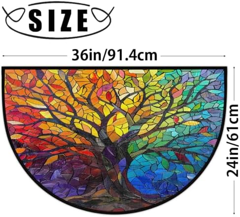 Stained Glass Tree Summer Half Round Door Mat Non Slip Washable Semi Circle Area Rug Absorbent Soft Half Moon Rug Floor Mat for Indoor Outdoor Kitchen Bathroom Patio Front Door Mat Decor
