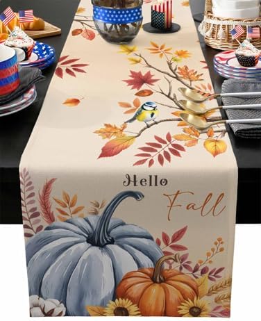 Fall Table Runner Hello Fall Pumpkin Table Runners Harvest Thanksgiving Maple Leaves Sunflower Bird Cotton Linen Dresser Scarf Kitchen Dining Table Decor for Autumn Holiday Party Coffee 13x36 Inch