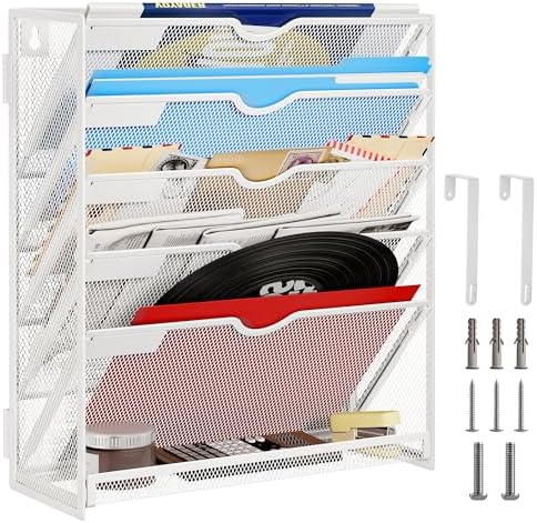 Lavatino 6-Tier Hanging File Organizer, Wall Mount File Holder for Mails Folders Papers Magazine Organization, Vertical Document Organizer for Office Home - (White)