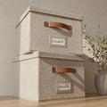 Decorative File Organizer Box Set of 2 - Collapsible Linen Filing Cabinets | Stores Documents and Hanging File Folders - Portable Office Crates with Lid and Handles for Easy Slide Access
