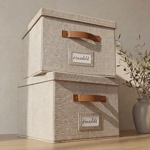 Decorative File Organizer Box Set of 2 - Collapsible Linen Filing Cabinets | Stores Documents and Hanging File Folders - Portable Office Crates with Lid and Handles for Easy Slide Access