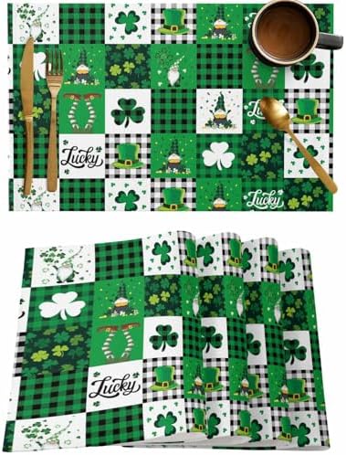 St Patrick's Day Placemats Set of 4,Lucky Shamrock Clover Gnomes Cotton Linen Heat Resistant Table Mats Green Black White Buffalo Gingham Plaid Washable Spring Holidays Decorations For Kitchen Dining