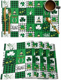 St Patrick's Day Placemats Set of 6,Lucky Shamrock Clover Gnomes Cotton Linen Heat Resistant Table Mats Green Black White Buffalo Gingham Plaid Washable Spring Holidays Decorations For Kitchen Dining