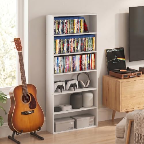 Furinno Basic DVD Shelf, 6-Tier Media Shelf, CD Rack, White | 7 x 24 x 53, Open Shelf for DVD Blueray Game Disc, Cube Storage Organizer, for Living Room, Bedroom, Home Office