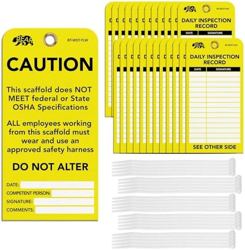 BearTOOLS Scaffold Tags Safety Inspection Kit with Cable Ties - Caution Scaffold Status Warning Sign - Laminated 3 x 6 in, Pack of 25 - Weatherproof, Tear-Resistant - Yellow Tags