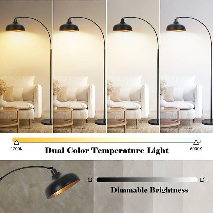Arch Floor Lamps with Remote, Dimmable Floor Lamp 70” Black Tall Lamp | Arc Lamps Floor Standing with 9W Bulb, 360° Adjustable Hanging Metal Shade, Over Couch Lamps for Living Room, Foot Switch