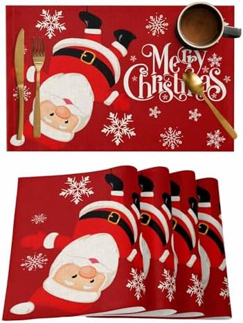 Red Merry Christmas Placemats Set of 4, Funny Hanging Santa Heat Resistant Washable Table Place Mats Snow Winter Holiday Cotton Table Linens Party Holiday Decor for Kitchen Dining Outdoor Indoor
