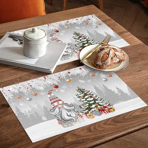 Christmas Gnome Placemat 1PC, Winter Merry Christmas Tree Balls Heat Resistant Washable Table Place Mats Grey Cotton Table Linens Party Holiday Decor for Kitchen Dining Outdoor Indoor