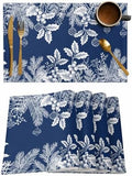Blue Christmas Placemat 1PC, Floral Pine Leaf Xmas Balls Heat Resistant Washable Table Place Mats White Winter Holidays Cotton Table Linens Party Holiday Decor for Kitchen Dining Outdoor Indoor