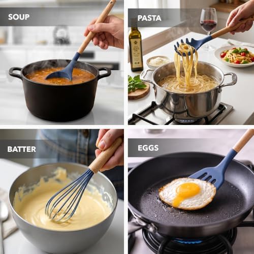 OVENTE Silicone Cooking Utensils Set, 17pcs, Heat Resistant, Blue SPS17BL