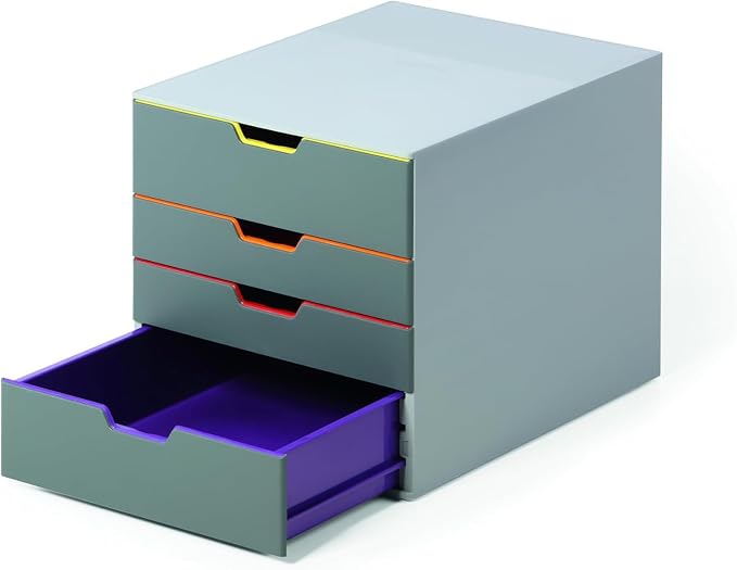 Durable Varicolor 4 Drawer Unit - Gray Desktop Drawer Set with 4 Color Coded Draws - Letter to Folio Size Files - Perfect for Storing Documents and Paper Work