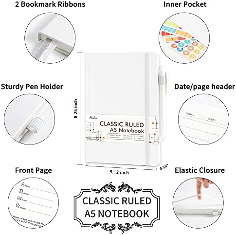 feela 3 Pack Notebooks Journals Bulk, Hardcover Notebook Classic Ruled Lined Journals with Pen Holder for Women Girls School Business Supplies, with 3 Black Pens, 120 GSM, 5.1”x8.3”, A5, White