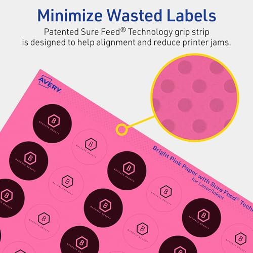 Avery® Printable Round Labels, Sure Feed® Technology, 1" Diameter, Bright Pink Labels, Print-to-the-Edge, Laser/Inkjet, 3,840 Total, Great for Price Stickers and Mailing Seals