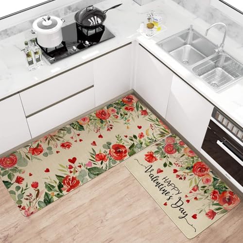 Valentines Day Kitchen Mat Set 2 Piece,Floral Love Hearts Red Rose Flowers Decorative Kitchen Rugs,Valentine's Day Low-Profile Mats for Home Kitchen Decor 17"x48"+17"x30"
