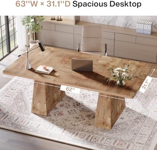 Tribesigns 63-Inch Executive Desk, Large Office Computer Desk with Double Pedestal, Modern Simple Workstations Writing Table Conference Table Business Furniture for Home Office, Natural