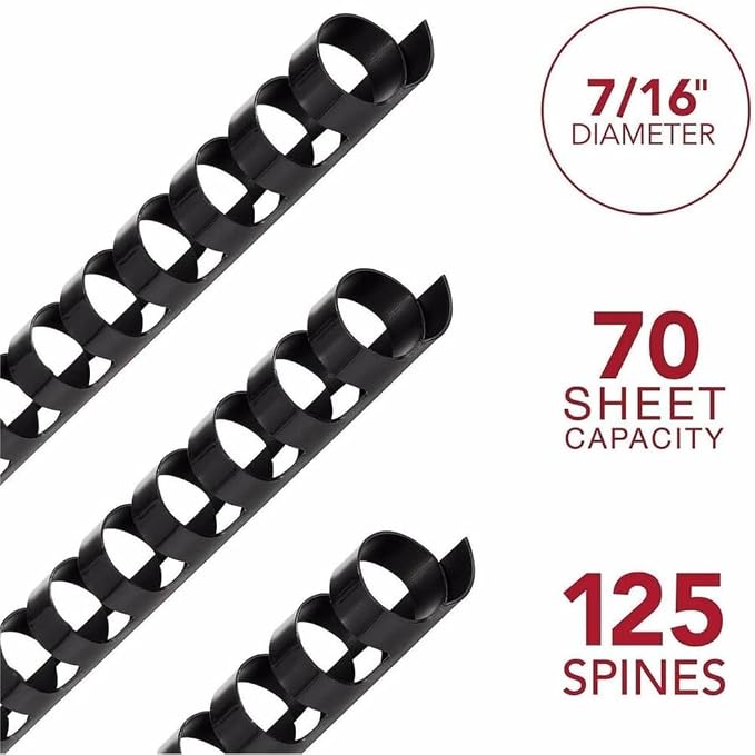 Mead CombBind Binding Spines/Spirals/Coils/Combs, 7/16", 70 Sheet Capacity, Black, 125 Pack (4000133)