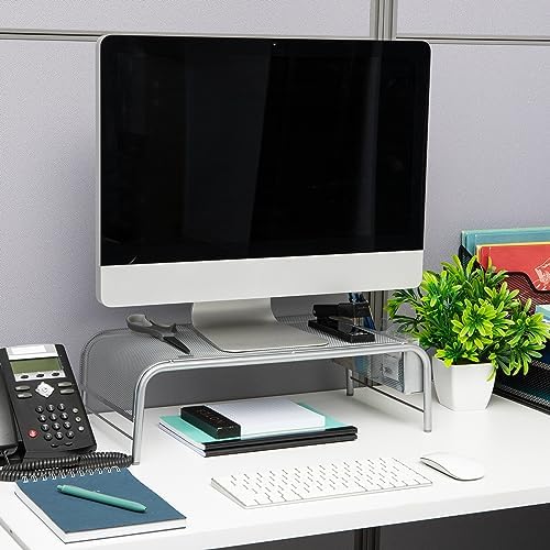 Mind Reader Monitor Stand, Ventilated Laptop Riser, Desktop Organizer, Side Storage, Metal Mesh, 20"L x 11.5"W x 5.5"H, Silver