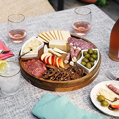 Twine Rotating Wood Serving Board - Round Charcuterie Board - Lazy Susan Wooden Cheese Board Set with Ceramic Dishes - Set of 1