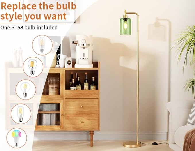 Ziisee Floor Lamps for Living Room - Industrial Standing Lamp with Green Glass Shade, Modern Gold Floor Lamp with LED Bulbs, Farmhouse Floor Lamp for Bedroom, Tall Lamp for Office