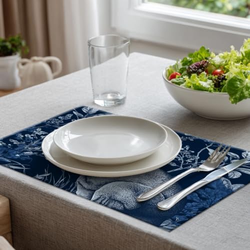 Batmerry Cute Kangaroo Placemats, Navy Blue with Plants Washable Linen Table Mats for Kitchen Table Double Insulation Decor Dining Set Indoor Outdoor 12X18 in Set of 6