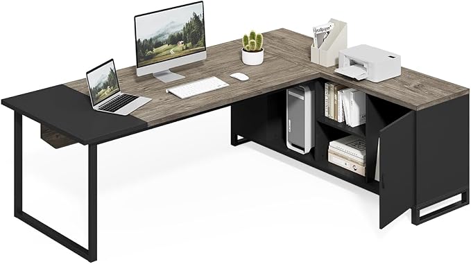 LITTLE TREE 70.8 Inches Executive Desk and 55 Inches File Cabinet Combo, Large L Shaped Computer Desk with Storage Cabinet and Shelves, Modern Business Furniture for Home Office, Grey & Black