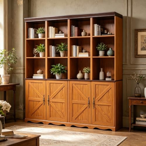KEIKI 4-in-1 Bookcase with Storage Cabinets, Modular Bookshelf, Dark Oak