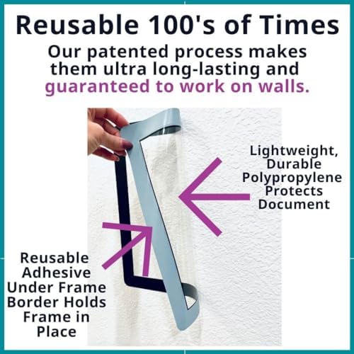 8.5 x 11 Adhesive Wall Frames - Peel & Stick Picture Frames, Wall Sign Holder, Paper & Letter Protector Sheets, Reusable, Dry Erase, Non Magnetic & Non Acrylic - Black, Pack of 5