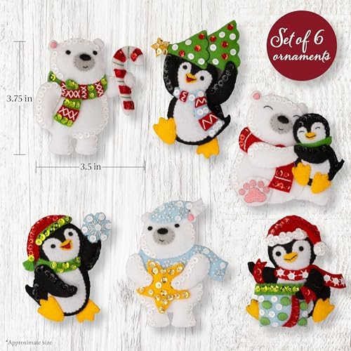 Bucilla Felt Applique 6 Piece Ornament Making Kit, Polar Pals, Perfect for DIY Arts and Crafts, 89752E