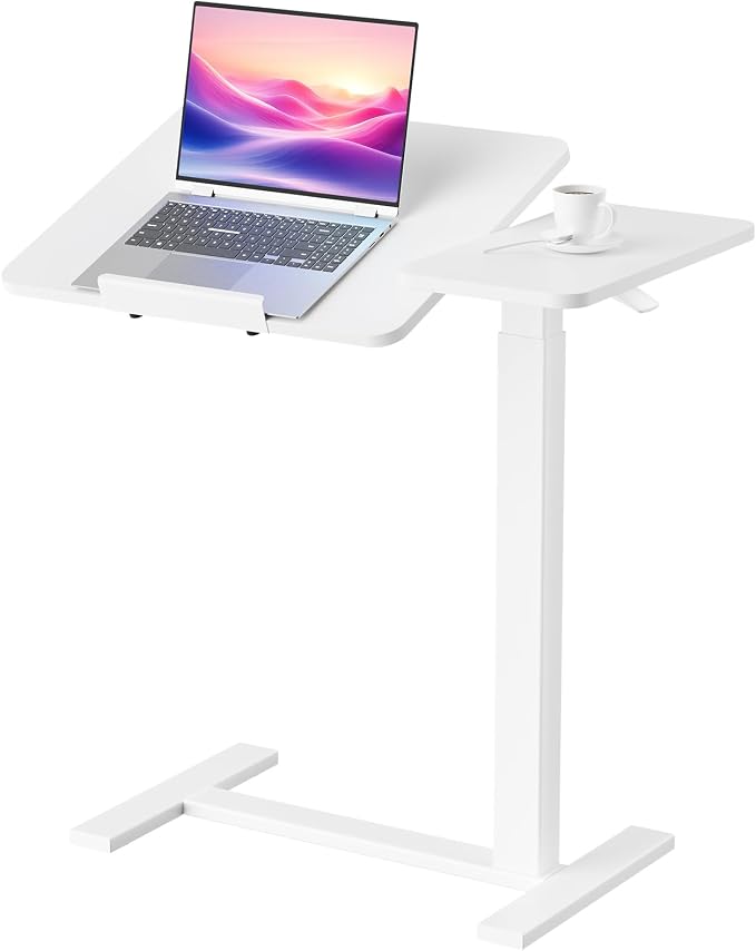 DUMOS Adjustable Bedside Overbed Table with Wheels, White | Laptop Standing Desk with Tilting Top Height, Mobile Rolling Computer Cart for Hospital Home Bedroom Use